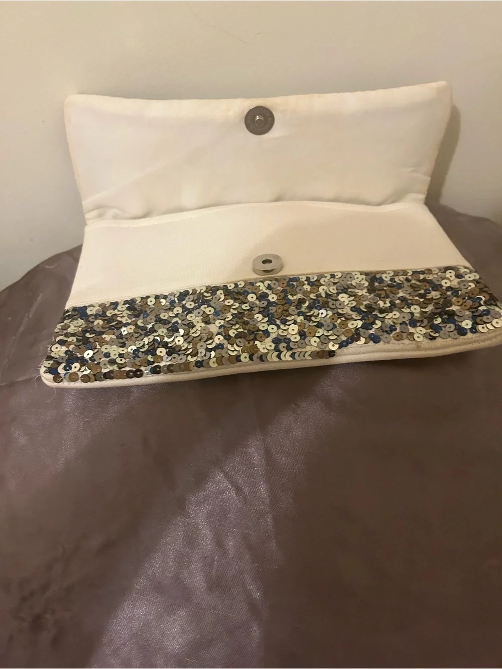 Evil Eye Fold-Over Cream Canvas Clutch W/Silver and Blue Sequins Crossbody strap